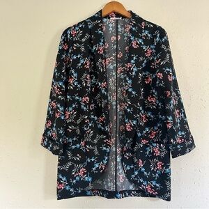 🦋 Lush Black Red Blue Floral Light Blazer Jacket Medium
